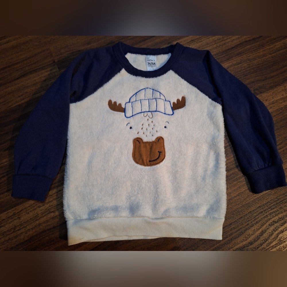 Carters Fuzzy Moose Sweater with Navy Sleeves 3T